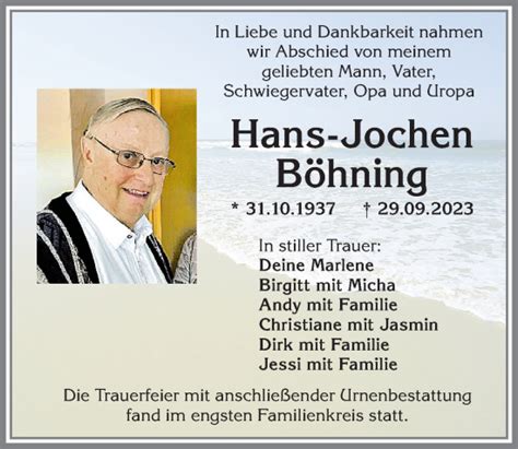 Traueranzeigen Von Hans Jochen B Hning Allg Uer Zeitung