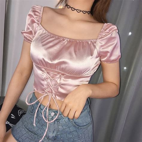 Short Puff Sleeve Satin Lace Up Crop Top Na01 Iawear Vintage Crop