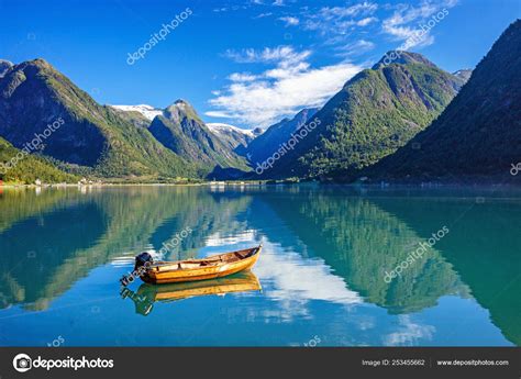 Beautiful Nature Norway Natural Landscape With Fjord Boat And Mountain