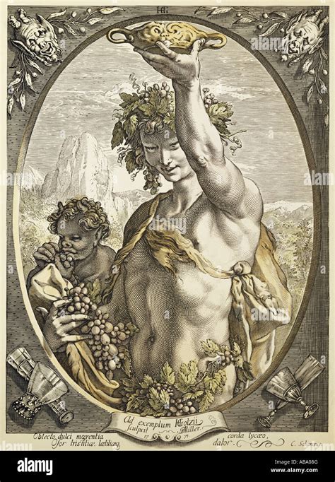 Dionysos Latin Bacchus Greek God Of Wine Coloured Engraving By