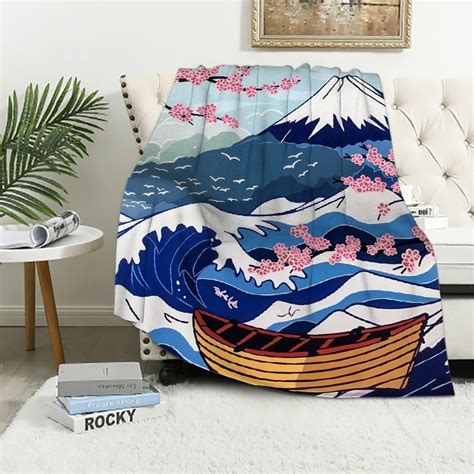 Nawypu Sea Wave Throw Blanket Sakura Cherry Blossom Japanese Ukiyo E