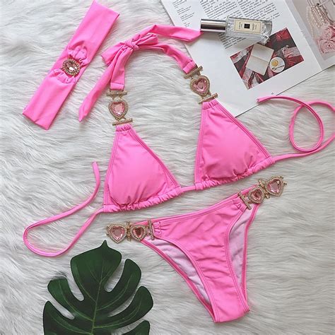 Bikini Rosa Con Diamantes De Imitaci N De Coraz N Para Mujer Ba Ador