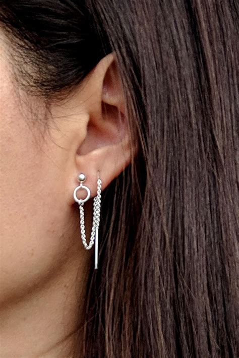 Double Piercing Earrings Set Sterling Silver Threader Earrings Tiny