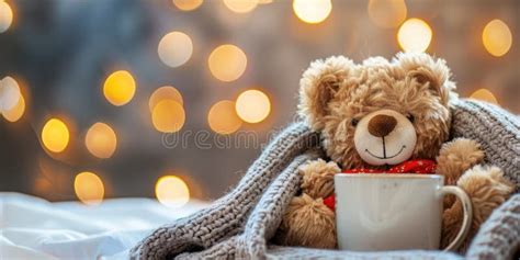 Cute Teddy Bear Wrapped In A Cozy Blanket With A Cup Of Hot Drink Against A Backdrop Of Warm