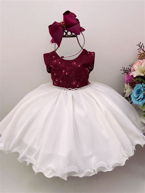 Vestido Infantil Marsala C Renda Saia Off Princesas Luxo Rosa