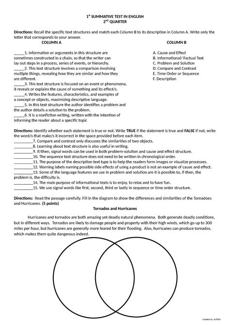 Summative Test 1 2nd Grading 1 St Summative Test In English 2 Nd Quarter Directions Recall