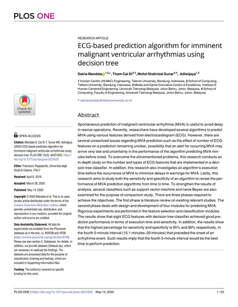 PDF ECG Based Prediction Algorithm For Imminent Malignant Ventricular