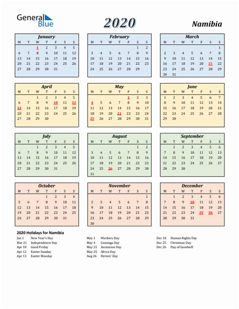 2020 Namibia Calendar With Holidays