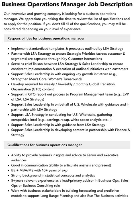 Business Operations Manager Job Description Velvet Jobs