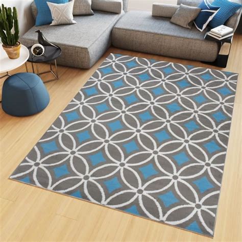 TAPISO Tapis Salon Poil Court Maya Bleu Gris Blanc Cercles