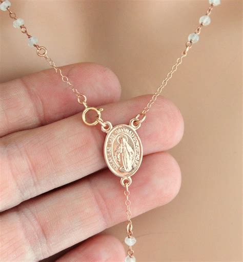 Best Seller Rose Gold Rosary Necklace Rainbow Moonstone Mary Etsy