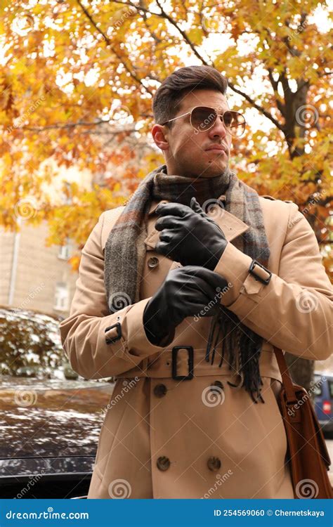 Handsome Stylish Man Wearing Black Leather Gloves Outdoors Stock Photo