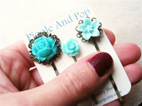 Teal Flower Hair Pins Hair Accessories Rose Rosebud And Lily