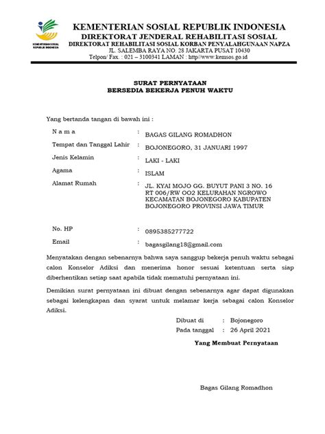 Surat Pernyataan Bekerja Penuh Waktu Pdf