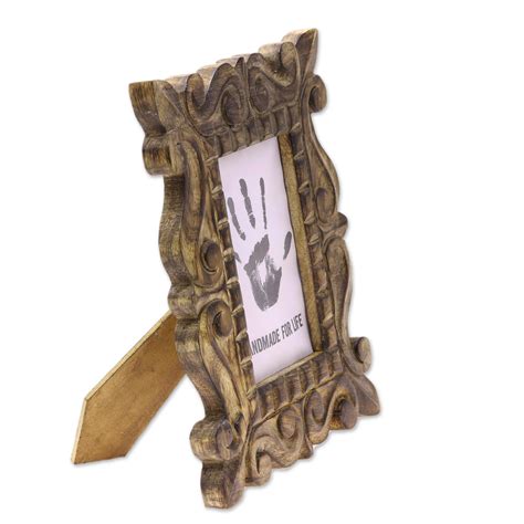 Hand Carved Natural Mango Wood Ornate Photo Frame 4x6 Mughal Majesty