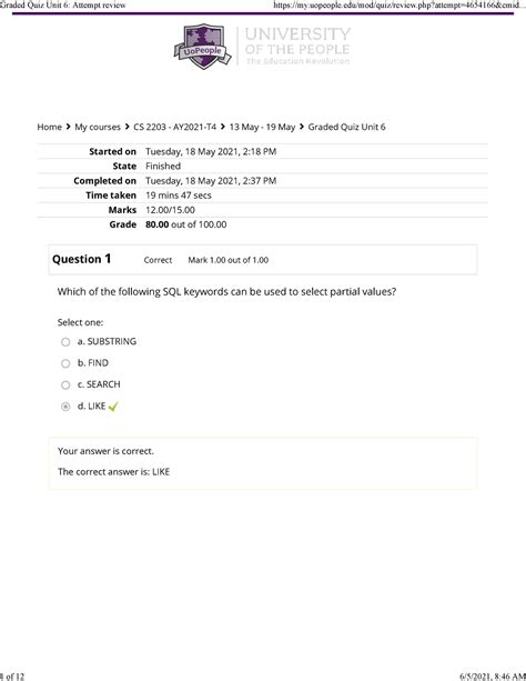 Graded Quiz Unit 6 Attempt Review Started On Tuesday 18 May 2021 2