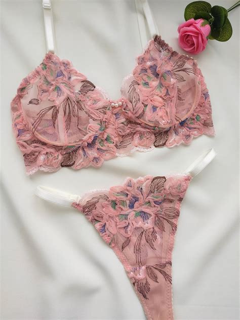 Flower Embroidered Lingerie SetPink Lace Lingerie Etsy