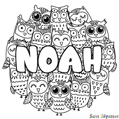 Coloriage prénom NOAH décor Chouettes Sans Dépasser