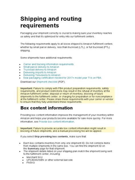 Shipping And Routing Requirements Box Content Information Pdf