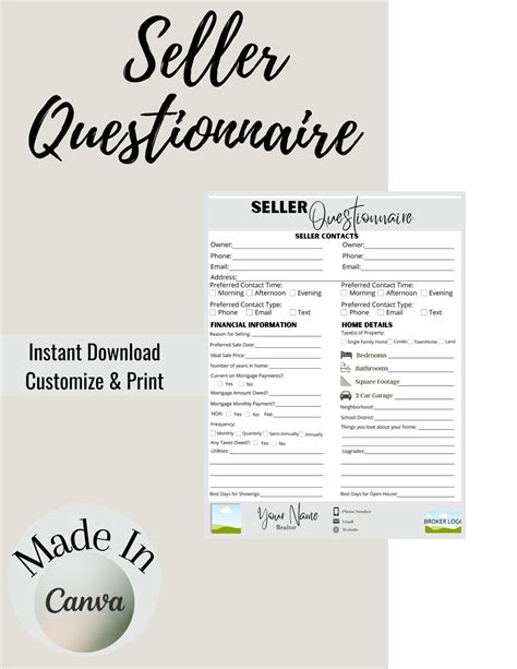 Real Estate Handout Seller Questionnaire Form Client Etsy