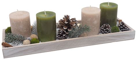 Adventsgesteck Weihnachten Deko Tablett Holz Grau Kerzen Taupe Gr N