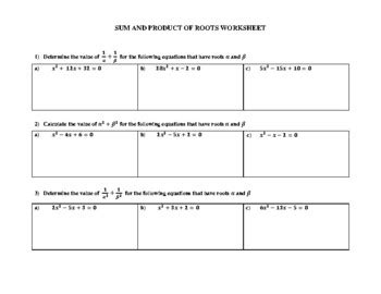 Sum And Product Of Roots Worksheet By Lonette Lewis Tpt