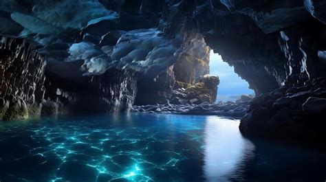 Premium AI Image | A cave with a blue water and a cave with a blue light