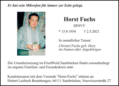 Traueranzeigen Von Horst Fuchs Saarbruecker Zeitung Trauer De