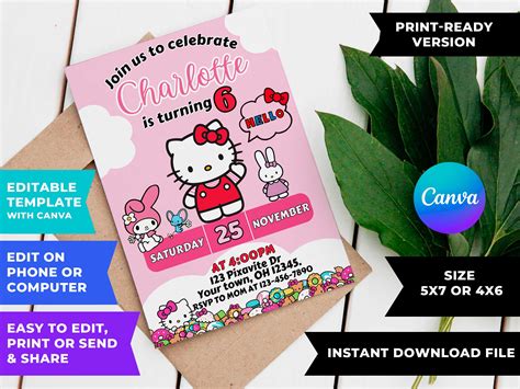 Editable Hello Kitty Birthday Invitation Template Lovely Invite