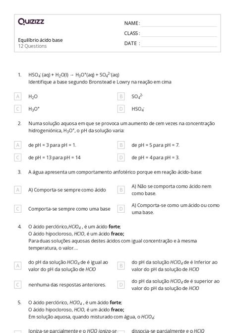 Reações ácido Base Imprimível 11ª Série Planilhas Quizizz