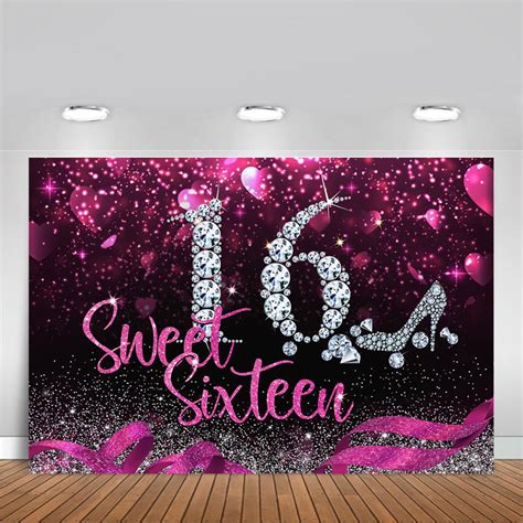 Sweet Sixteen Backdrop Girls 16th Birthday Diamond Pink Heart Ribbon