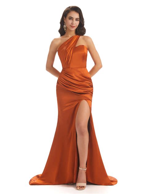 Sexy Soft Satin Side Slit One Shoulder Pleats Floor Length Mermaid