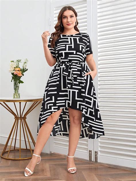 Shein Clasi Plus Size Geometric Pattern Hidden Pocket High Low Dress