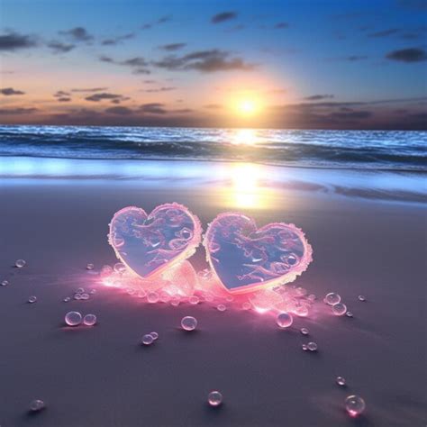 Dos Corazones Est N En La Playa Con La Puesta De Sol Detr S De Ellos