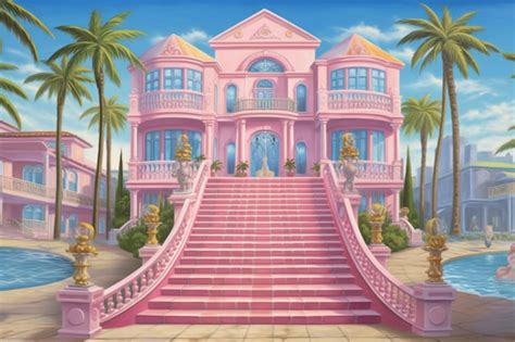 Premium AI Image | A painting of a pink mansion with a staircase ...