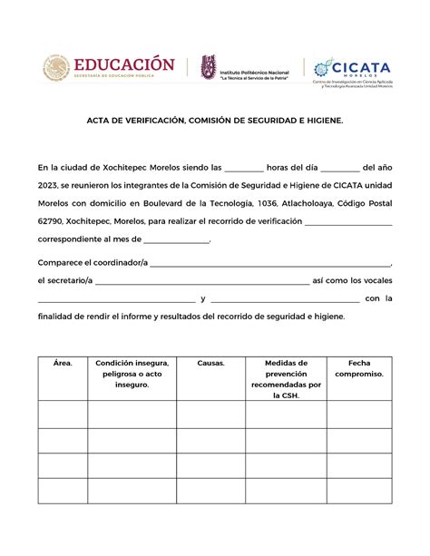 Acta De Verificacion Csh Seguridad E Higiene Studocu