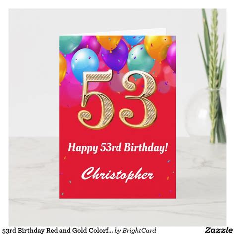 53rd Birthday Red and Gold Colorful Balloons Card | Zazzle | Colourful balloons, Birthday cards ...