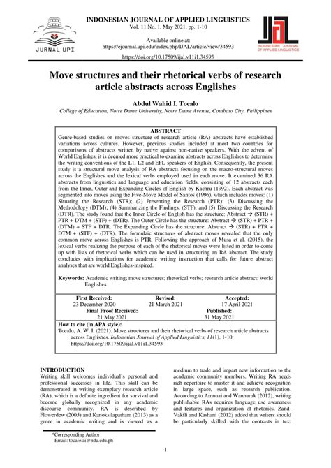 PDF MOVE STRUCTURES AND THEIR RHETORICAL VERBS OF RESEARCH ARTICLE