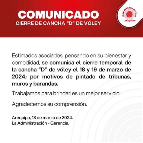 Comunicado Cierre Temporal De Cancha D De Vóley 18 Y 19 De Marzo