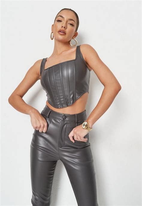 Missguided Charcoal Faux Leather Corset Top Leather Corset Crop