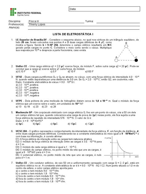 Exercícios Sobre Eletrostática - Lista de exercícios sobre eletrostática com soluções para disciplina de ...