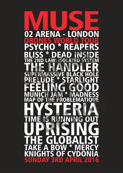 Items similar to Muse Drones Tour 2016 London 02 April 2016 - Set List Poster - Gig Souvenir ...