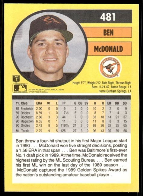 Fleer Baseball Card Ben Mcdonald Baltimore Orioles Ebay