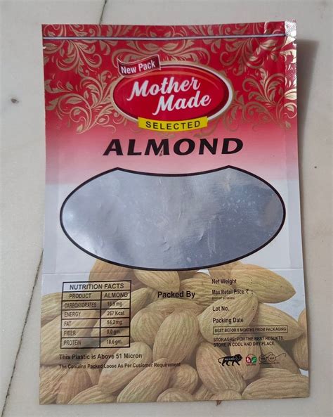 Printed Glossy Gm Ldpe Almond Packaging Pouch Heat Sealed Capacity