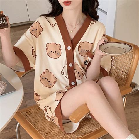 Pijamas Con Estampado De Oso Kawaii Para Mujer Conjunto De 2 Piezas