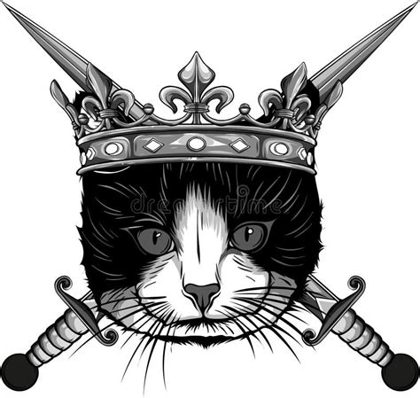 Monochromatic Illustration Of Cat With Crown And Knife Stock Vector