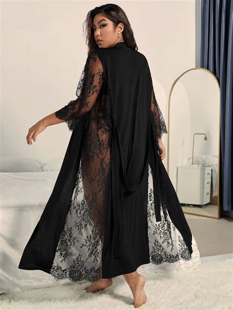 Plus Contrast Eyelash Lace Belted Robe Without Lingerie Shein Uk