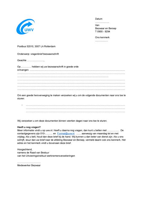 Format Vragenbrief Uwv Datum Van Bezwaar En