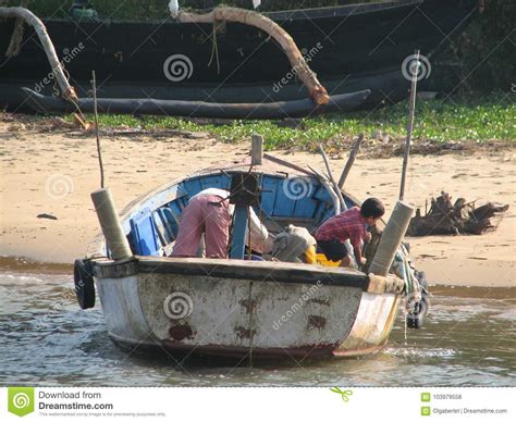 Barcos De Pesca Alineados A Lo Largo De La Orilla La India Karnataka