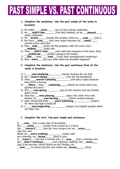 Past Simple Vs Past Continuous A Complete The Sentences Use The